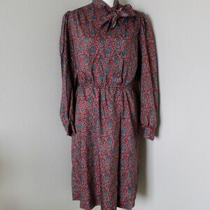 Vintage Red & Blue Paisley Print Button Panel & Tie Detail Dress